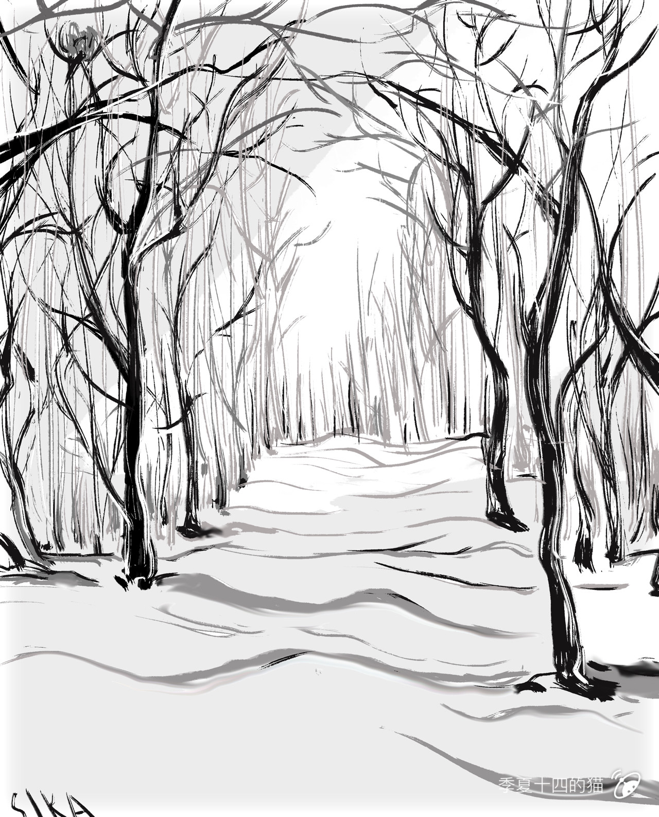 森林小道的素描画图片