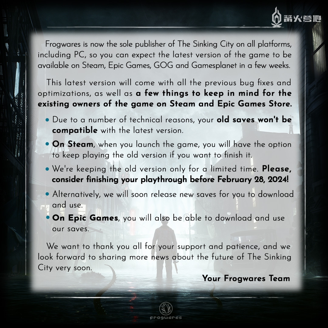 克苏鲁主题解谜游戏《沉没之城》发行权已完全回归开发商手中