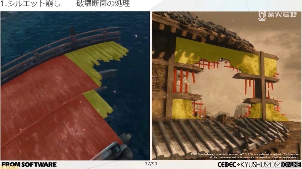 左图中的桥基本上是用相同的 3D 模型＆材质贴图制作而成的，只有顶端位置插入了不同的模型，从而使轮廓变得更为复杂，起到消除多边形锯齿感的作用（原来顶端并没有放置道具之类的机关……）