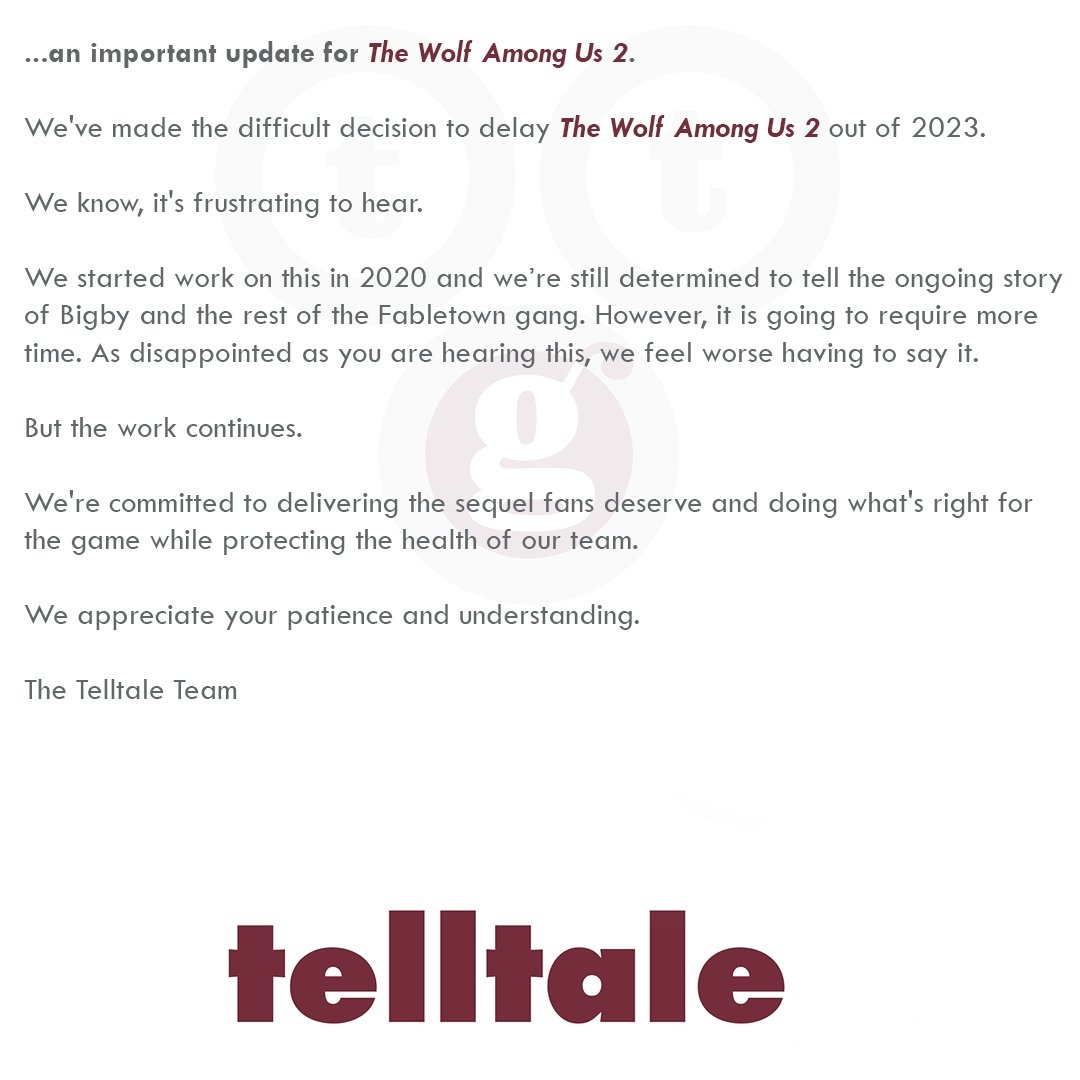Telltale Games 新作《与狼同行 2》宣布延期发售