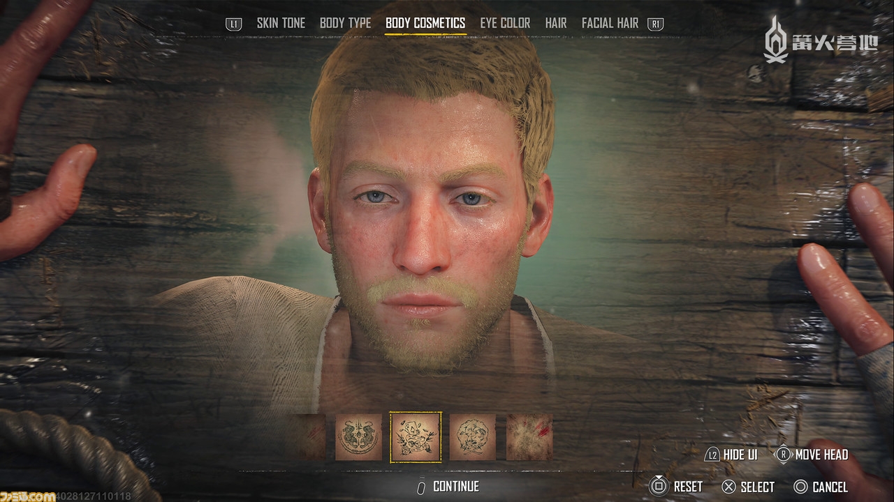 在漂流到的小岛上首次创建角色，玩家可以选择人物性别和不同的种族，还可以改变胡子、纹身、发色和肤色等
