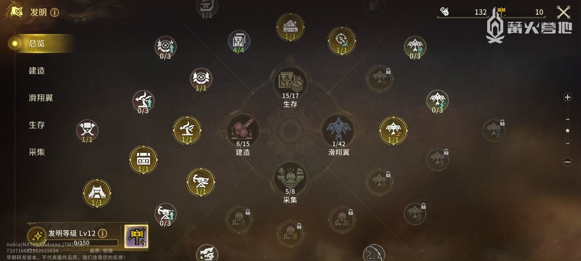 发明点数能被投入到“建造”、“滑翔翼”、“生存”、“采集”这四条路线当中，其中的大部分项目都需要等剧情推进到特定节点后才能解锁