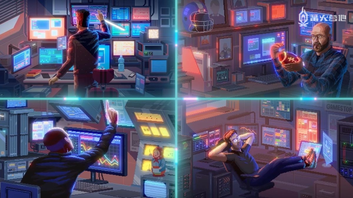 《GameStop：玩家的崛起》中的「英雄」们，上图从左上顺时针方向起分别是 Rod Alzmann、Justin Dopierala、Farris Husseini 和 Dmitry Kozin，图源：Super LTD