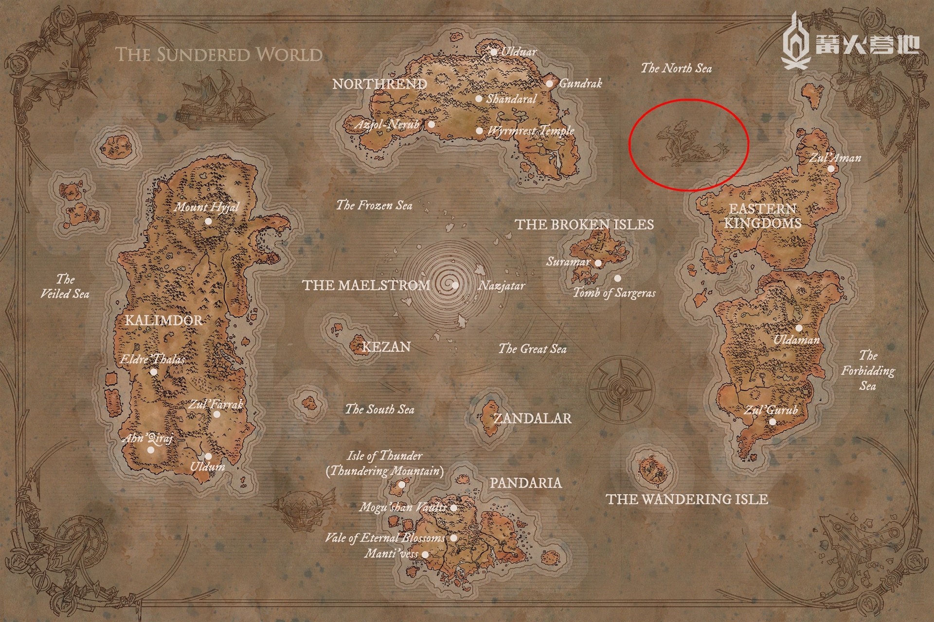 《魔兽编年史》插页地图，右上角的巨龙群岛的大致位置